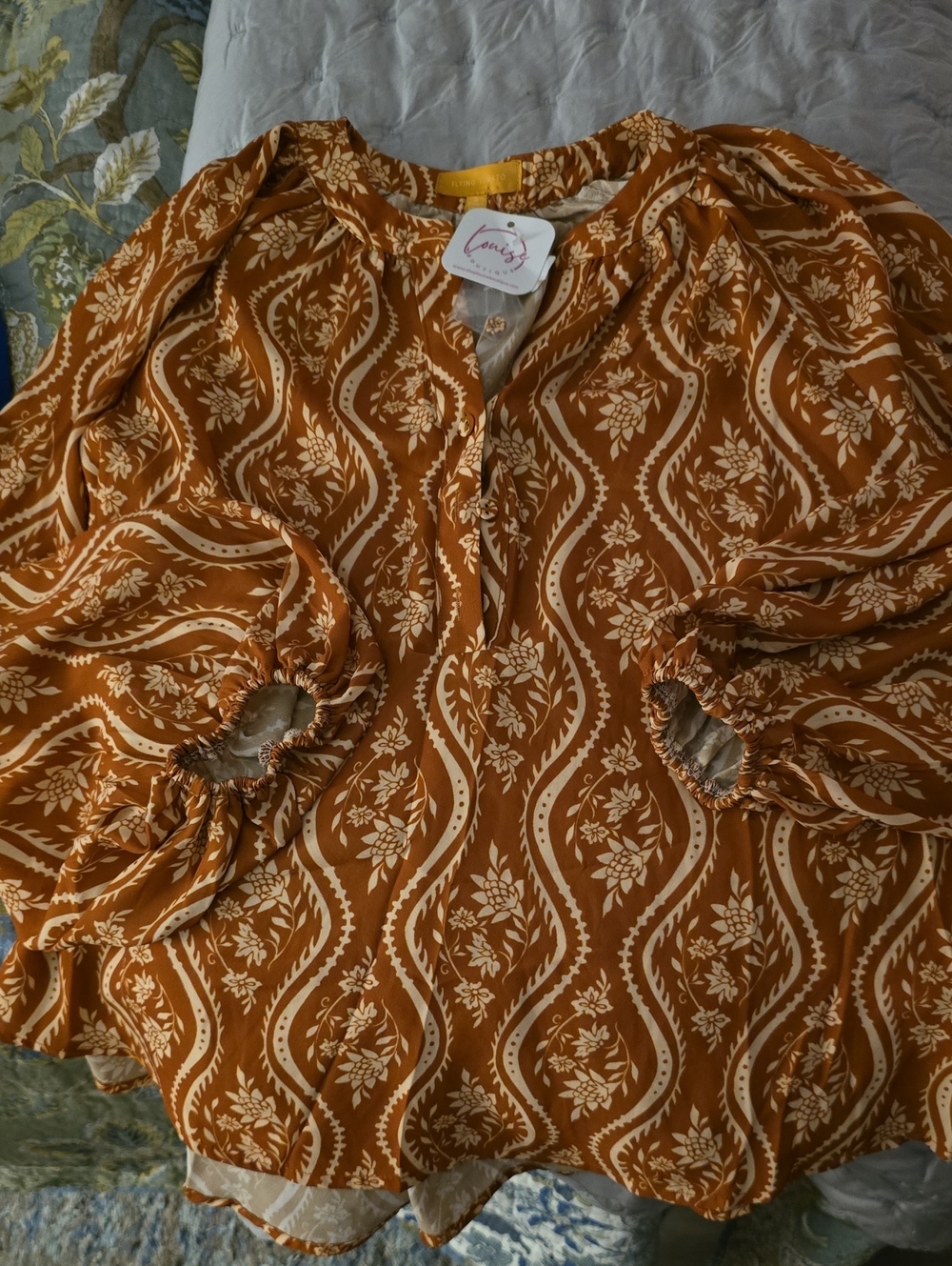 Flying Tomato LADIES Boho Print Peasant Blouse - Mustard/Cream NWT